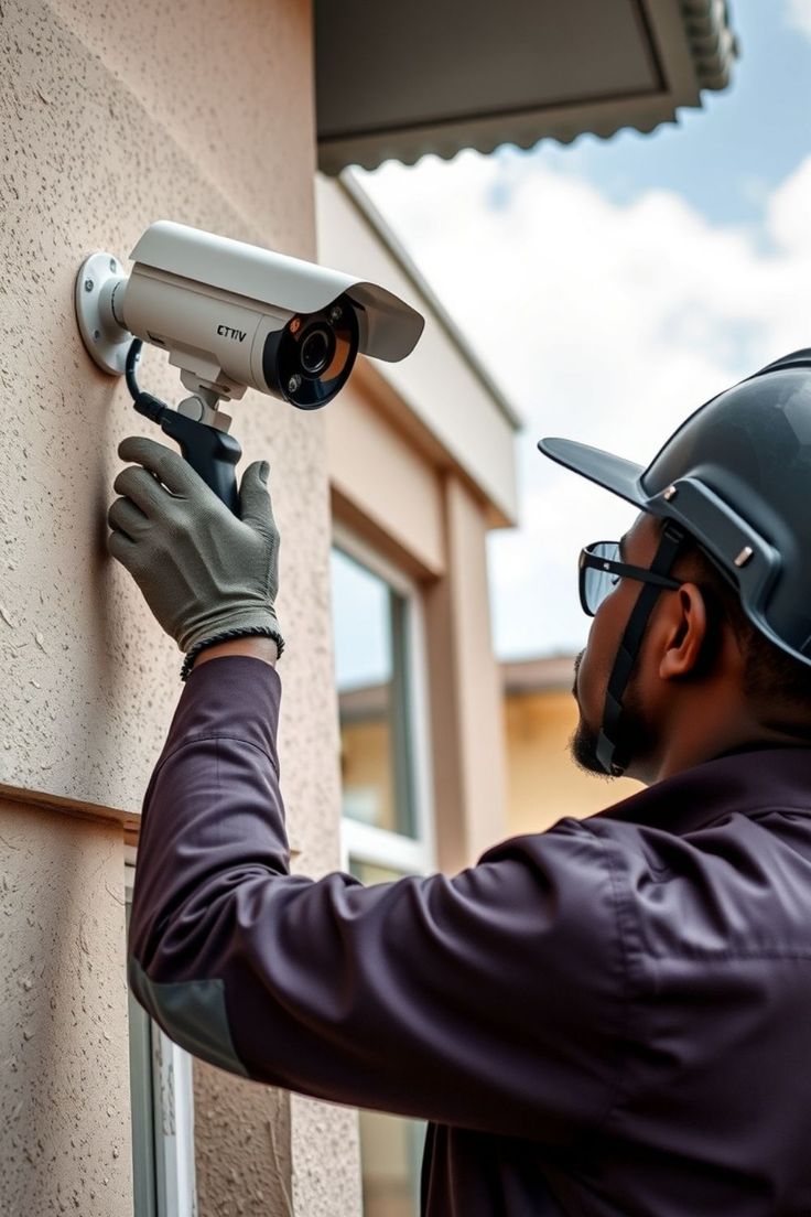 Technician installing a CCTV security camera